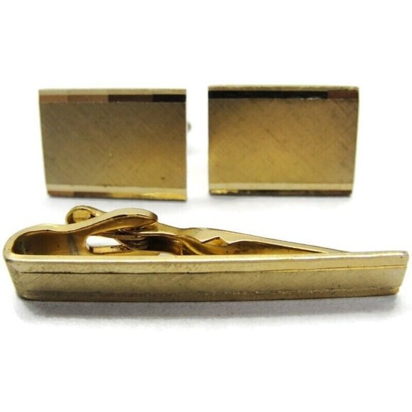 Vtg Swank Brushed Finish Cufflinks Tie Bar Set Gold Tone Tux Shirt Dress Suit - Picture 7 of 7